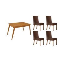 Sala Jantar Mesa Havana Curvo 120cm + 4 Cadeiras Dakota Naturale - Suede Marrom - Rufato
