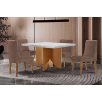 Sala Jantar Mesa Nevada Curvo 90cm + 4 Cadeiras Dakota Madeira Naturale/Off White - Capuccino/Suede Marrom - Rufato