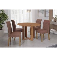 Sala Jantar Mesa Flora Tampo Madeirado 109cm e 4 Cadeiras Fernanda Cinamomo - Carvalho/Suede Joli Capuccino - Cimol