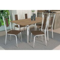 Sala Jantar Mesa Elba c/ Tampo de Madeira 160cm e 6 Cadeiras Florença Cromada/Nogueira - Corano Marrom - Kappesberg