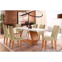 Sala Jantar Mesa Alvorada c/ Tampo Madeirado c/ Vidro 180x90cm e 6 Cadeiras Londrina Capuccino/Linho Bege Turim - Rufato