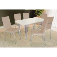 Sala Jantar Mesa Elba Tampo Madeirado c/ Vidro 160cm e 6 Cadeiras Amsterdã Cromada/Off White - Corano Bege - Kappesberg
