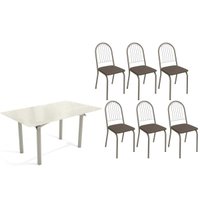 Sala Jantar Mesa Elba Tampo Madeirado c/ Vidro 160cm e 6 Cadeiras Noruega Niquel/Off White - Corano Marrom - Kappesberg