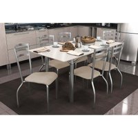 Sala Jantar Mesa Elba Tampo Madeirado c/ Vidro 160cm e 6 Cadeiras Portugal Cromada/Off White - Corano Bege - Kappesberg