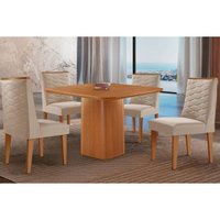 Sala Jantar Mesa Maldivas c/ Tampo Madeirado Canto Curvo 90x90cm e 4 Cadeiras Dafne Naturale - Suede Creme - Rufato