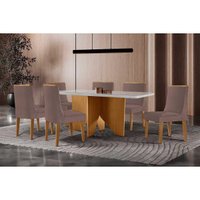 Sala Jantar Mesa Nevada Curvo 180cm + 6 Cadeiras Dakota Madeira Naturale/Off White - Capuccino/Corano Capuccino - Rufato