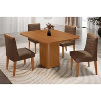 Sala Jantar Mesa Maldivas c/ Tampo Madeirado Canto Curvo 90x90cm e 4 Cadeiras Maldivas Naturale - Suede Marrom - Rufato
