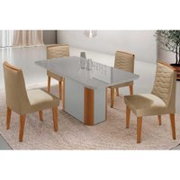 Sala Jantar Mesa PietÃ¡ Curvo 120cm + 4 Cadeiras Maldivas Madeira Naturale/Off White - Capuccino/Linho Bege - Rufato