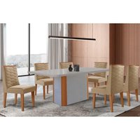 Sala Jantar Mesa PietÃ¡ Curvo 180cm + 6 Cadeiras Dafne Madeira Naturale/Off White - Capuccino/Linho Bege - Rufato