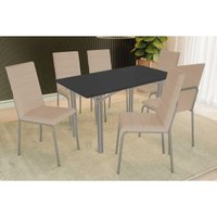 Sala Jantar Mesa Elba Tampo Madeirado c/ Vidro 160cm e 6 Cadeiras Amsterdã Niquel/Preto - Corano Bege - Kappesberg