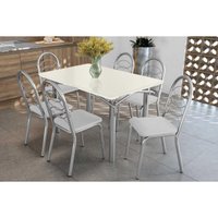 Sala Jantar Mesa Elba Tampo Madeirado c/ Vidro 120cm e 6 Cadeiras Holanda Cromada/Off White - Corano Branco - Kappesberg