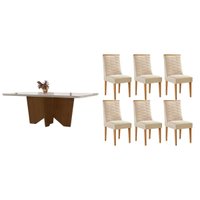 Sala Jantar Mesa Nevada Curvo 180cm + 6 Cadeiras Maldivas Madeira Naturale/Off White - Capuccino/Suede Creme - Rufato