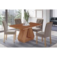 Sala Jantar Mesa Ágata Tampo Madeirado 130x80cm e 4 Cadeiras Fernanda Cinamomo - Carvalho/Suede Joli Capuccino - Cimol
