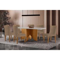 Sala Jantar Mesa Nevada Curvo 180cm + 6 Cadeiras Dakota Madeira Naturale/Off White - Capuccino/Linho Bege - Rufato