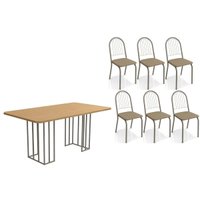 Sala Jantar Mesa Duina c/ Tampo de Madeira 160cm e 6 Cadeiras Noruega Niquel/Freijo - Corano Cappuccino - Kappesberg