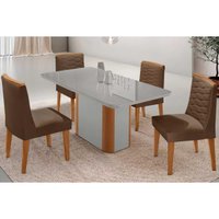 Sala Jantar Mesa PietÃ¡ Curvo 120cm + 4 Cadeiras Maldivas Madeira Naturale/Off White - Capuccino/Suede Marrom - Rufato