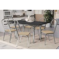 Sala Jantar Mesa Elba Tampo Madeirado c/ Vidro 160cm e 6 Cadeiras Holanda Cromada/Preto - Corano Bege - Kappesberg