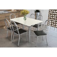 Sala Jantar Mesa Elba Tampo Madeirado c/ Vidro 120cm e 6 Cadeiras Holanda Cromada/Off White - Corano Preto - Kappesberg