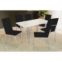 Sala Jantar Mesa Elba Tampo Madeirado c/ Vidro 160cm e 6 Cadeiras Amsterdã Cromada/Off White - Corano Preto - Kappesberg