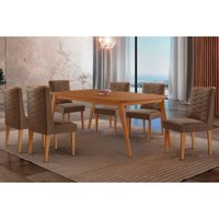 Sala Jantar Mesa Havana Curvo 180cm + 6 Cadeiras Dafne Naturale - Suede Marrom - Rufato