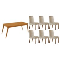 Sala Jantar Mesa Havana c/ Tampo Madeirado Canto Curvo 180x90cm e 6 Cadeiras Dakota Naturale - Suede Creme - Rufato