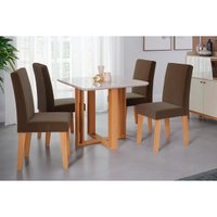Sala Jantar Mesa Flora c/ Tampo Madeirado c/ Vidro 95x95cm e 4 Cadeiras Milena Nature/Suede Joli Chocolate - Cimol