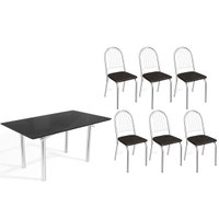 Sala Jantar Mesa Elba Tampo Madeirado c/ Vidro 160cm e 6 Cadeiras Noruega Cromada/Preto - Corano Preto - Kappesberg