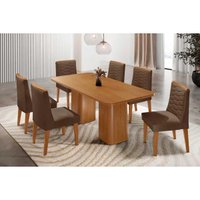 Sala Jantar Mesa Maldivas c/ Tampo Madeirado Canto Curvo 180x90cm e 6 Cadeiras Maldivas Naturale - Suede Marrom - Rufato