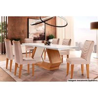 Sala Jantar Mesa Alvorada c/ Tampo Madeirado c/ Vidro 180x90cm e 6 Cadeiras Londrina Capuccino/Suede Creme - Rufato
