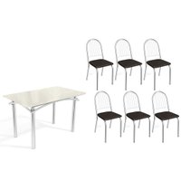 Sala Jantar Mesa Elba Tampo Madeirado c/ Vidro 120cm e 6 Cadeiras Noruega Cromada/Off White - Corano Preto - Kappesberg