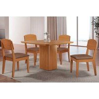 Sala Jantar Mesa Maldivas c/ Tampo Madeirado Canto Curvo 90x90cm e 4 Cadeiras Havana Naturale - Linho Capuccino - Rufato