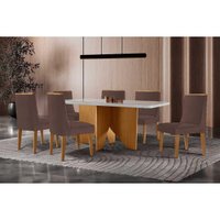 Sala Jantar Mesa Nevada Curvo 180cm + 6 Cadeiras Dakota Madeira Naturale/Off White - Capuccino/Suede Marrom - Rufato