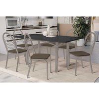 Sala Jantar Mesa Elba Tampo Madeirado c/ Vidro 160cm e 6 Cadeiras Holanda Niquel/Preto - Corano Marrom - Kappesberg