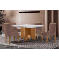 Sala Jantar Mesa Nevada Curvo 90cm + 4 Cadeiras Dakota Madeira Naturale/Off White - Capuccino/Linho Capuccino - Rufato
