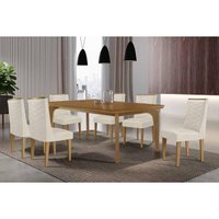 Sala Jantar Mesa Londrina c/ Tampo Madeirado Canto Curvo 180x90cm e 6 Cadeiras Dafne Naturale - Suede Creme - Rufato