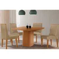 Sala Jantar Mesa Maldivas c/ Tampo Madeirado Canto Curvo 90x90cm e 4 Cadeiras Dakota Naturale - Linho Bege - Rufato