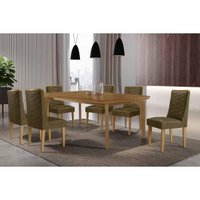 Sala Jantar Mesa Londrina c/ Tampo Madeirado Canto Curvo 180x90cm e 6 Cadeiras Dafne Naturale - Linho Capuccino - Rufato