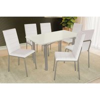 Sala Jantar Mesa Elba Tampo Madeirado c/ Vidro 160cm e 6 Cadeiras Amsterdã Niquel/Off White - Corano Branco - Kappesberg