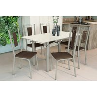 Sala Jantar Mesa Elba Tampo Madeirado c/ Vidro 160cm e 6 Cadeiras Florença Niquel/Off White - Corano Marrom - Kappesberg