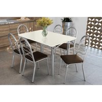 Sala Jantar Mesa Elba Tampo Madeirado c/ Vidro 120cm e 6 Cadeiras Holanda Cromada/Off White - Corano Marrom - Kappesberg