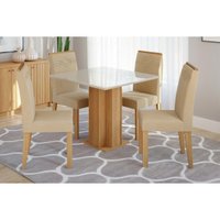 Sala Jantar Mesa Sophia c/ Tampo Madeirado c/ Vidro 95x95cm e 4 Cadeiras Taís Nature/Off White-Suede Nude Bege - Cimol