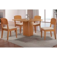 Sala Jantar Mesa Maldivas c/ Tampo Madeirado Canto Curvo 90x90cm e 4 Cadeiras Havana Naturale - Suede Creme - Rufato