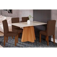 Sala Jantar Mesa Patricia c/ Tampo Madeirado c/ Vidro 130x80cm e 4 Cadeiras Milena Nature/Suede Joli Chocolate - Cimol