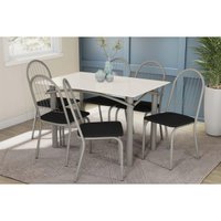 Sala Jantar Mesa Elba Tampo Madeirado c/ Vidro 120cm e 6 Cadeiras Noruega Niquel/Off White - Corano Preto - Kappesberg