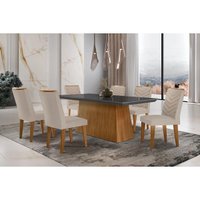 Sala Jantar Mesa Luna c/ Tampo de Vidro Canto Curvo 180x90cm e 6 cadeiras Londrina Imbuia/Grafite - Suede Creme - Rufato