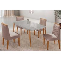 Sala Jantar Mesa Havana Curvo 120cm + 4 Cadeiras Maldivas Naturale/Off White - Linho Capuccino - Rufato