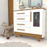 Cômoda Infantil Encanto 1 Porta 4 Gavetas 100% Mdf Branco Brilho/Amêndoa - Panorama Móveis