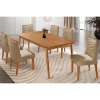 Conjunto: Mesa Sala Jantar Havana Tampo Curvo 180cm+6 Cadeiras Maldivas Madeira Naturale - Capuccino/Linho Bege - Rufato