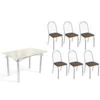 Sala Jantar Mesa Elba Tampo Madeirado c/ Vidro 120cm e 6 Cadeiras Noruega Cromada/Off White - Corano Marrom - Kappesberg
