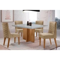 Conjunto: Mesa Sala Jantar Berlim Curvo 90cm + 4 Cadeiras Dafne Naturale/Off White - Linho Bege - Rufato